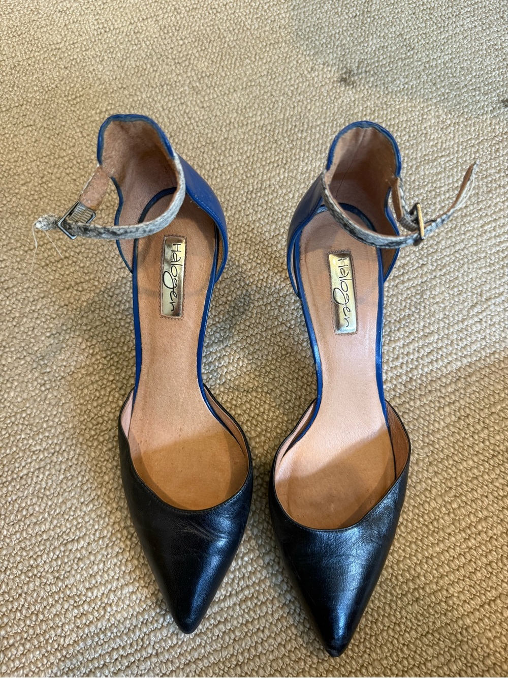 Halogen Black and Blue Pointed-Toe Ankle-Strap Heels